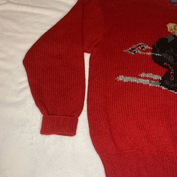 Rare Polo Ralph Lauren Hand Knit Wool Ski Polo Bear 94’ Red Sweater XL - Picture 3 of 10